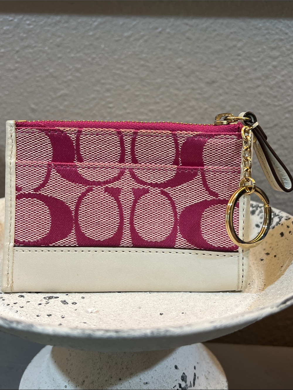 COACH Signature C Pink & White Mini Skinny ID keychain Case
